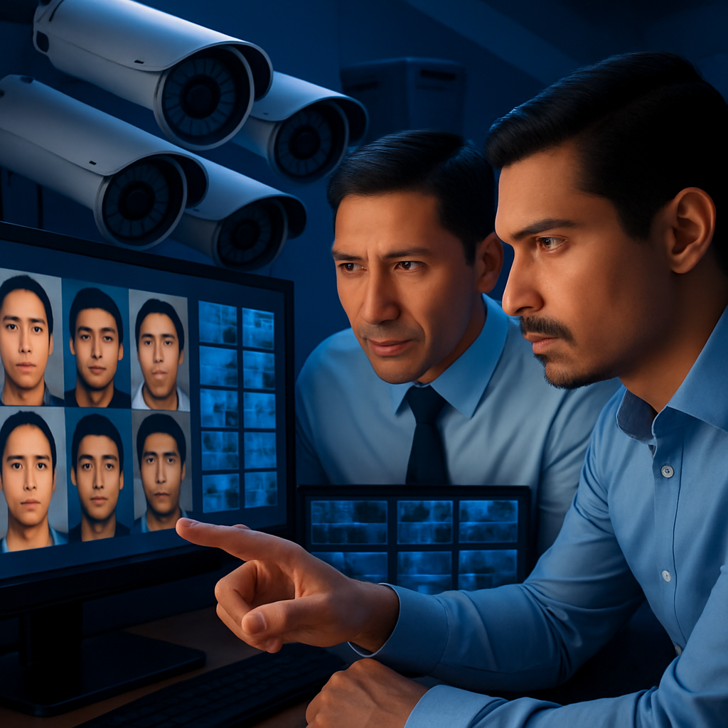 Two men, in blue shirts, examine a screen showing six images of a young man's face, side by side and left to right, with s...