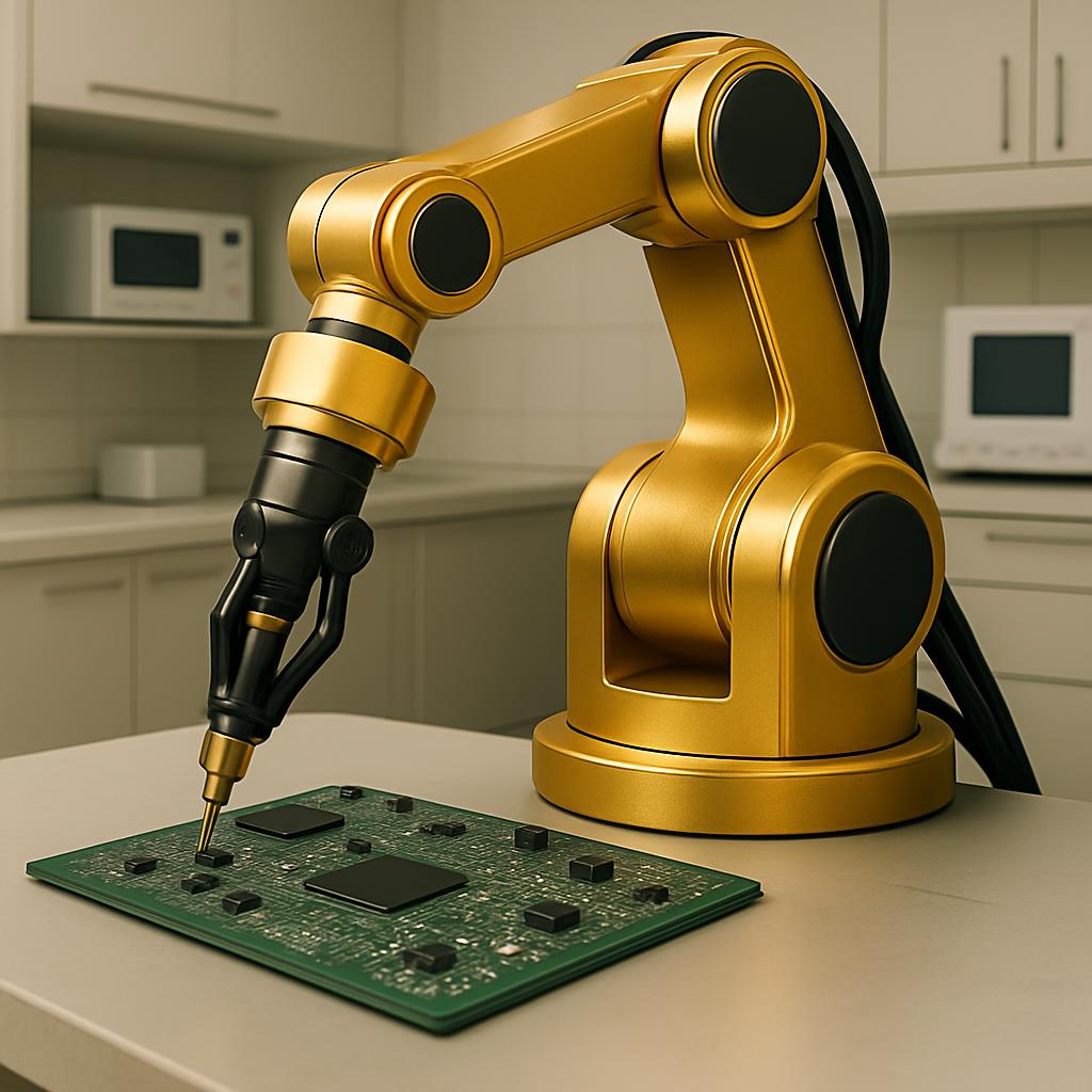 A robotic arm, likely a pick-and-place robot, is positioned on a white table in a modern kitchen. The metallic gold arm is...