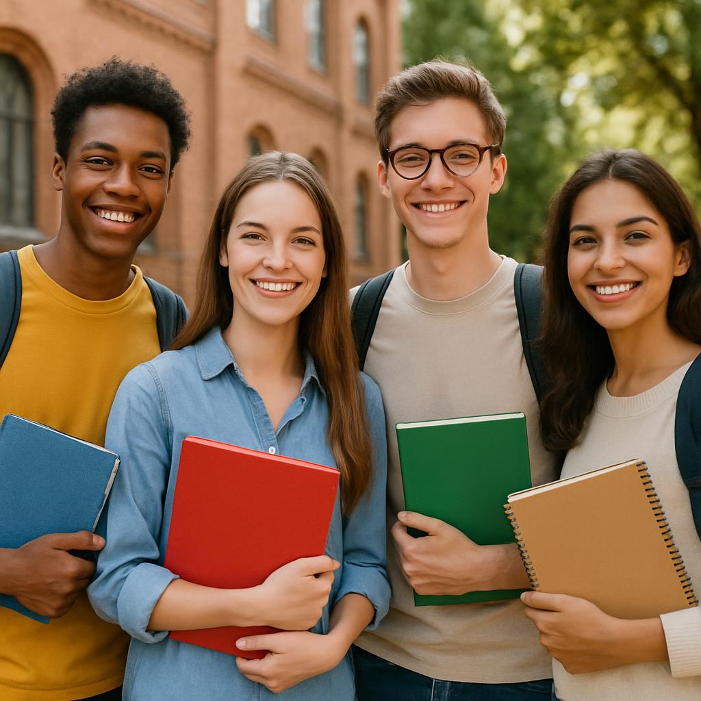 -friendly college friends in a diverse group of 20-somethings with book bags, holding colorful notebooks in front of a red...