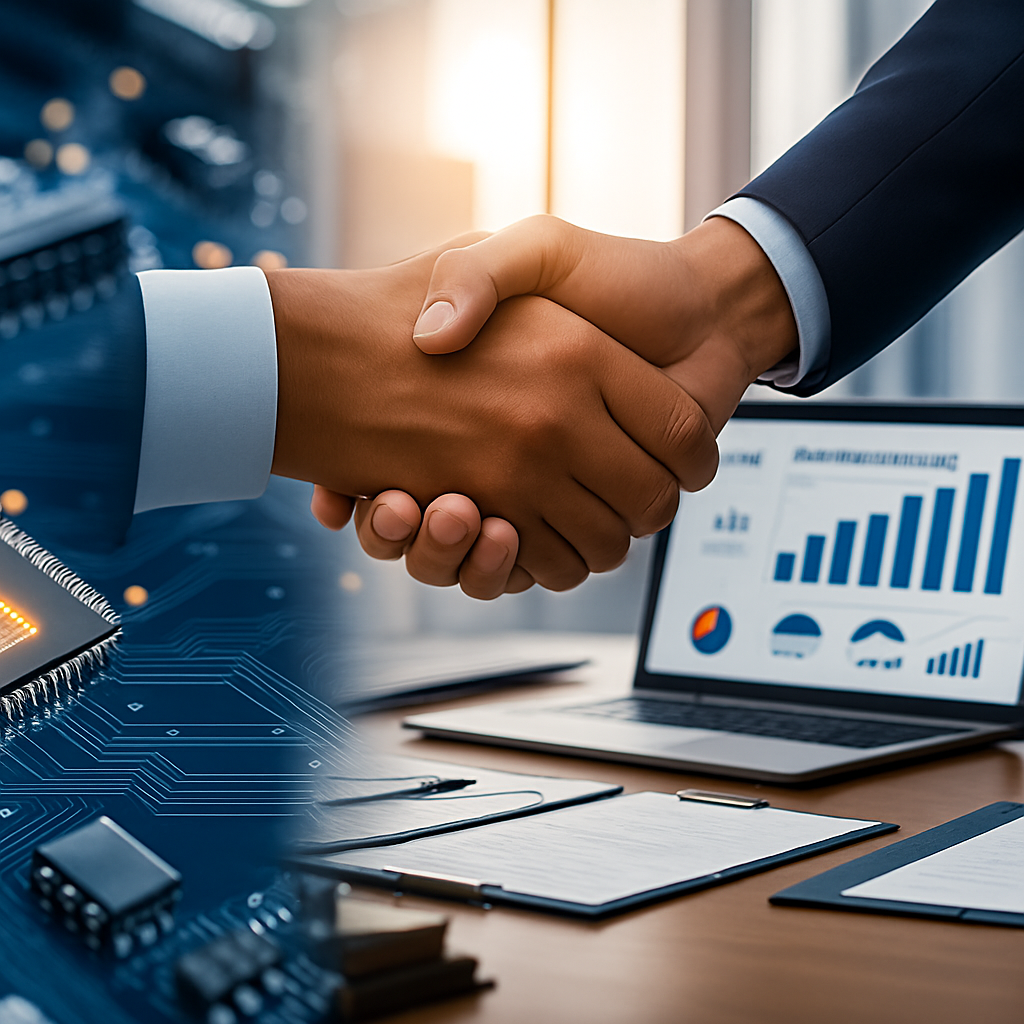 Two men in business attire shaking hands in front of a laptop computer with bars charts on the screen and clipboards in fr...
