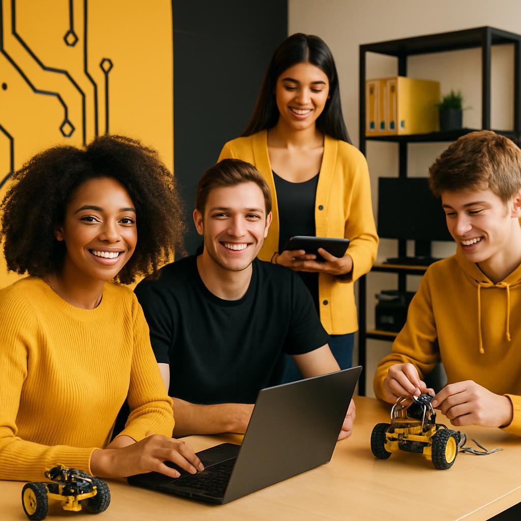 Four diverse individuals in a STEM lab, wearing yellow and black. Developer-focused keyboards and circuit boards on the wa...