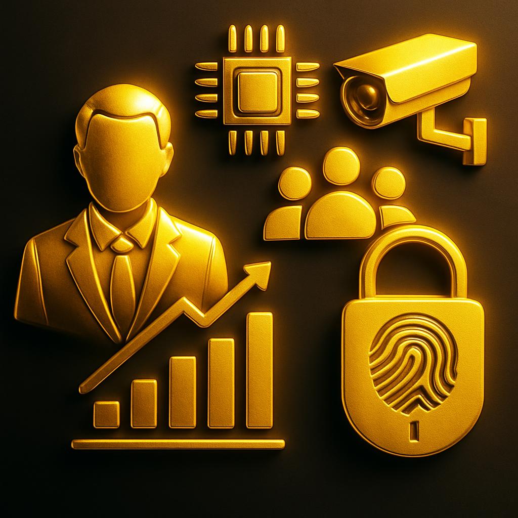 This image features a collection of gold icons on a black background, including: • A bar graph with an arrow trending upwa...